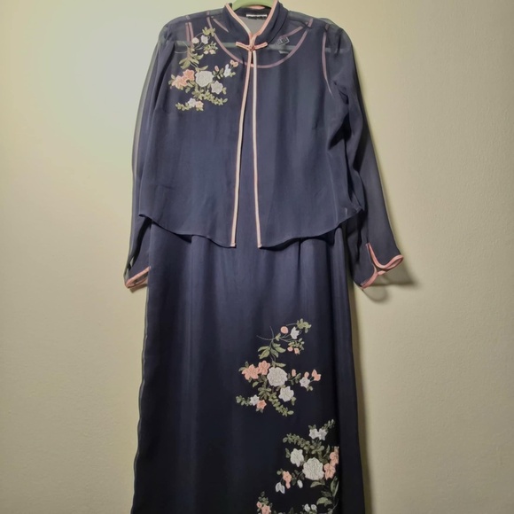 Robbie Bee 100% Silk Floral Navy Maxi Dress & Cardigan Romantic 2 Piece Set L - Picture 5 of 6